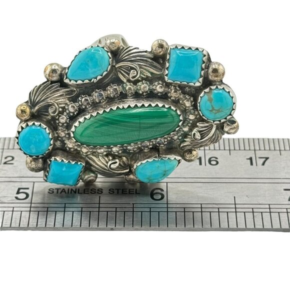 Sterling Silver Richard Begay Native American Turquoise Malachite Ring Sz.11 - Picture 11 of 11